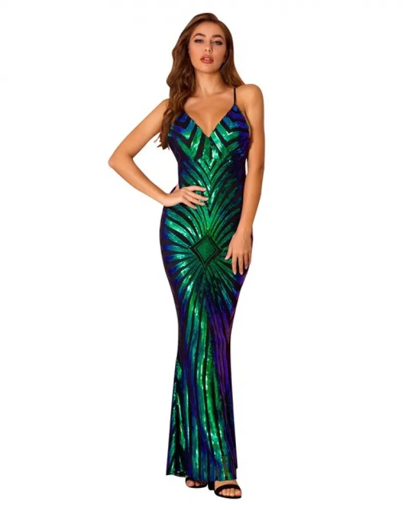 2022 Vestito lungo donna paillettes spalle scoperte elegante