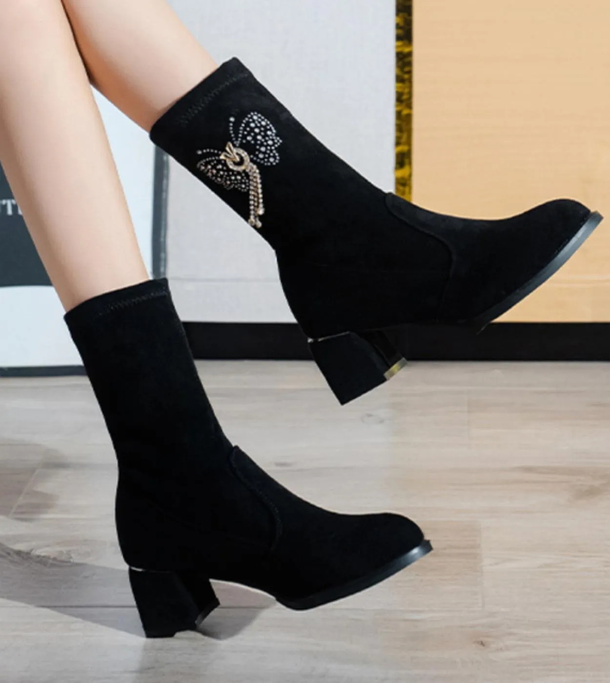 2022 women's fashion winter wedge height increasing boots garza high heels rhinestone metal ankle boots