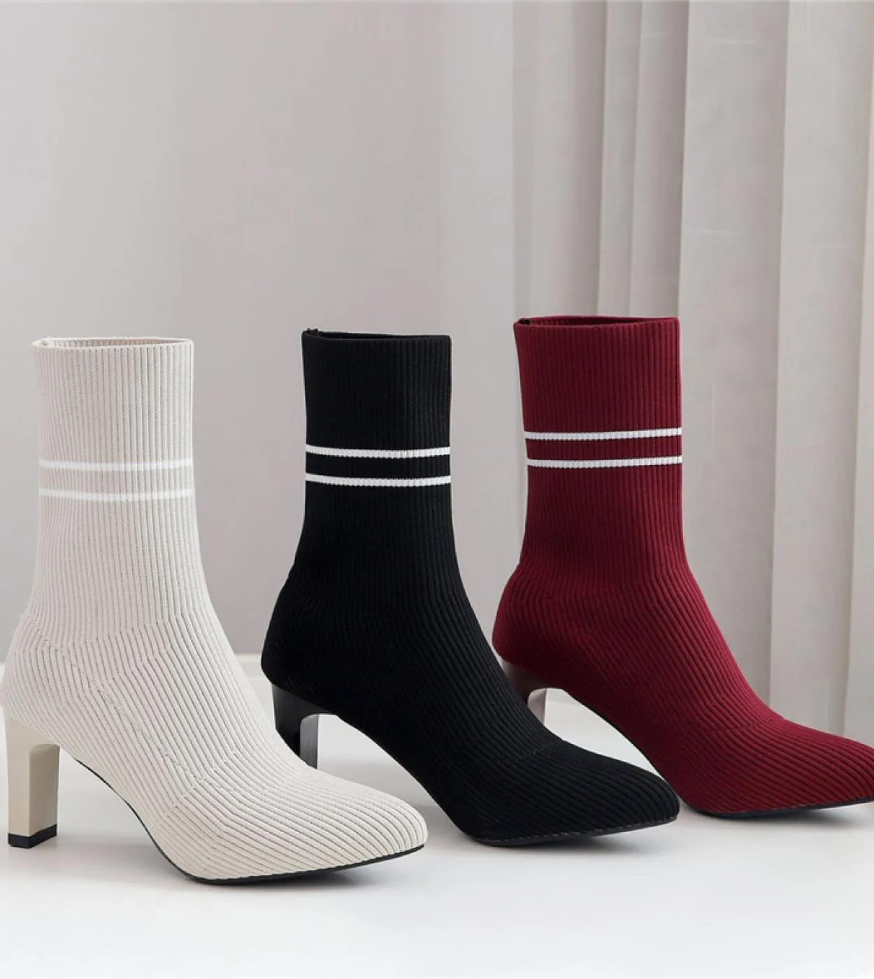 2023 Women's Fetish Stripper Boots - Stretchy Lady Knitted Winter Low 75cm High Heel Slip-On Red Jeans Boots
