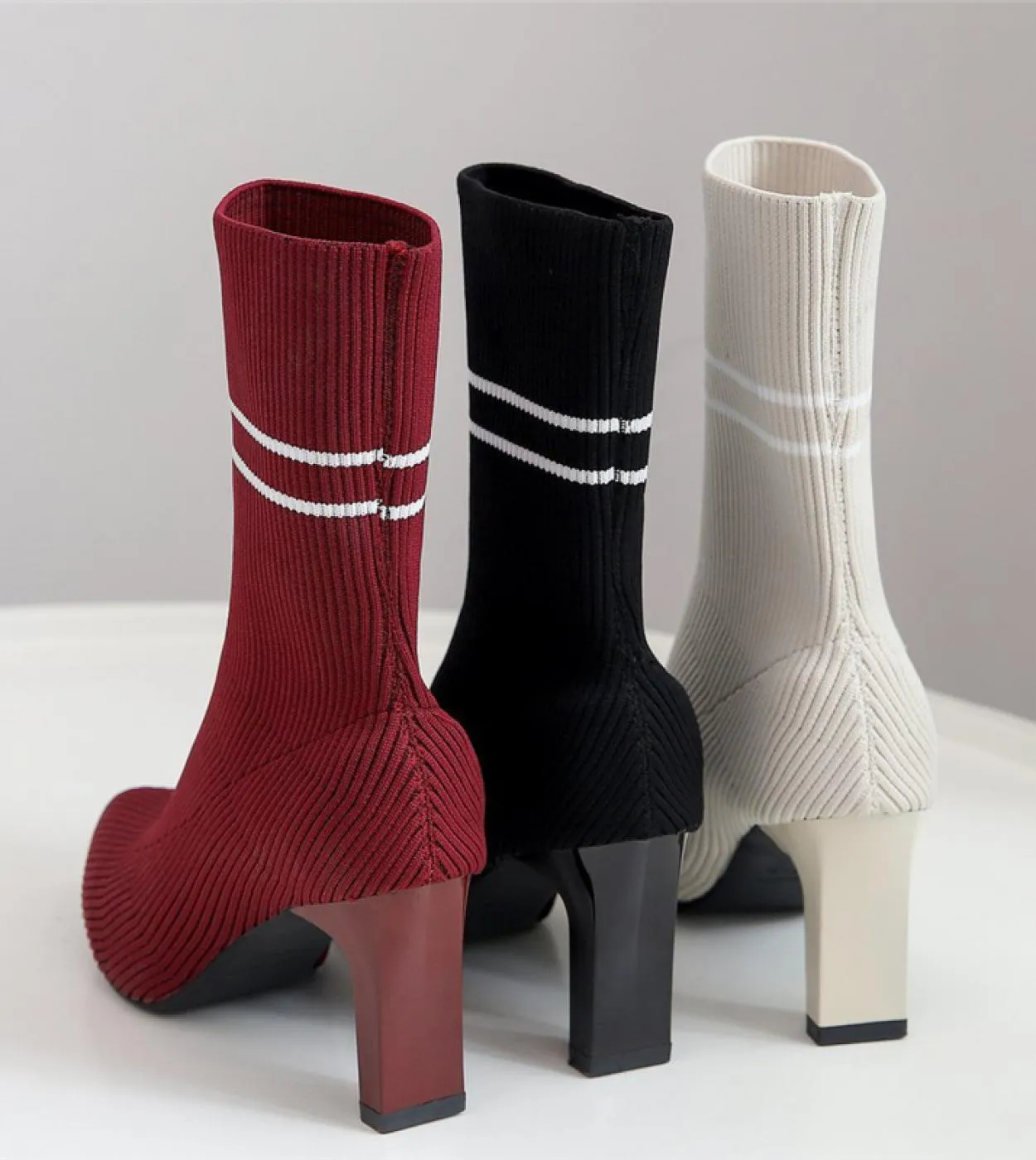 2023 Women's Fetish Stripper Boots - Stretchy Lady Knitted Winter Low 75cm High Heel Slip-On Red Jeans Boots