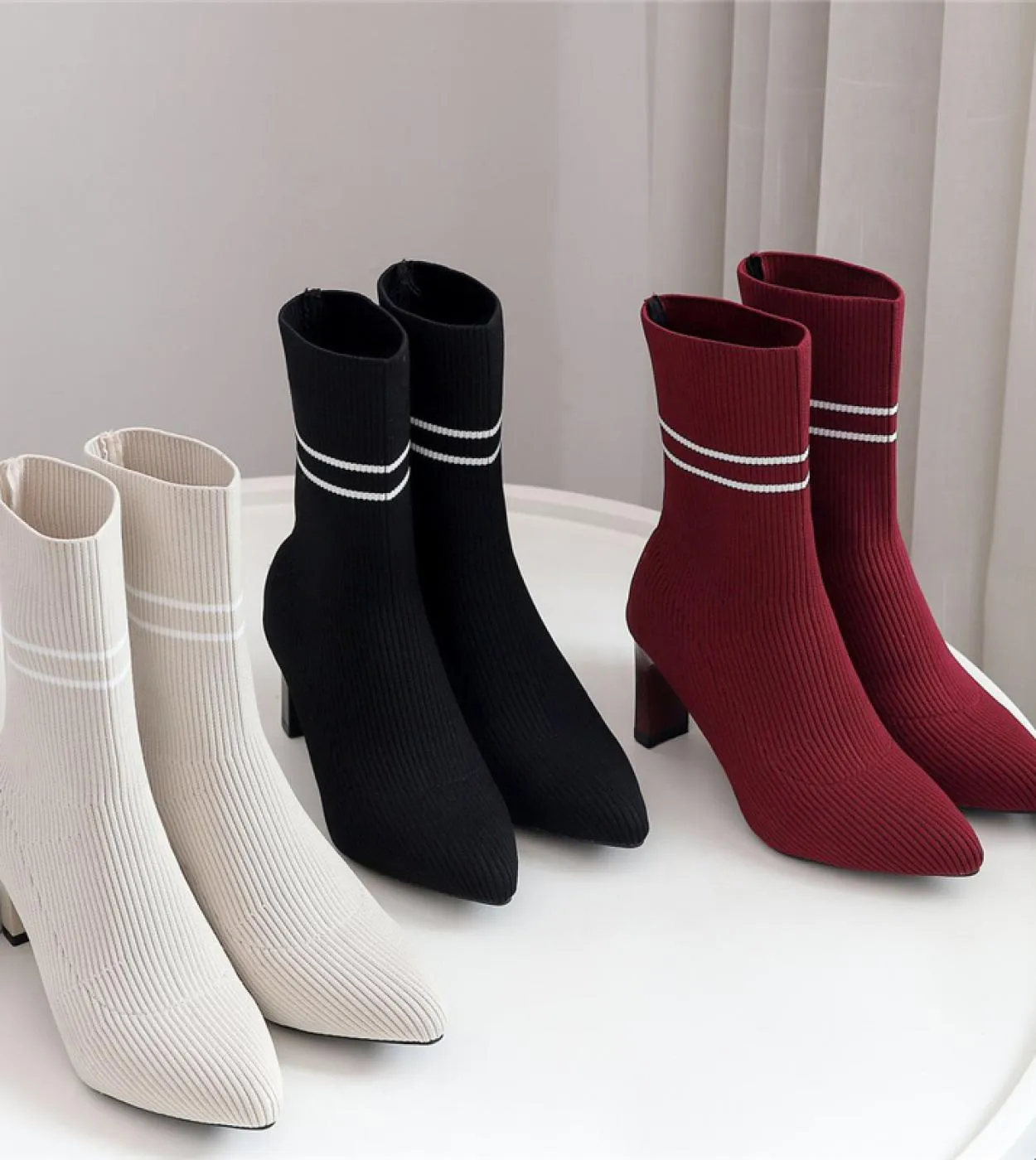 2023 Women's Fetish Stripper Boots - Stretchy Lady Knitted Winter Low 75cm High Heel Slip-On Red Jeans Boots