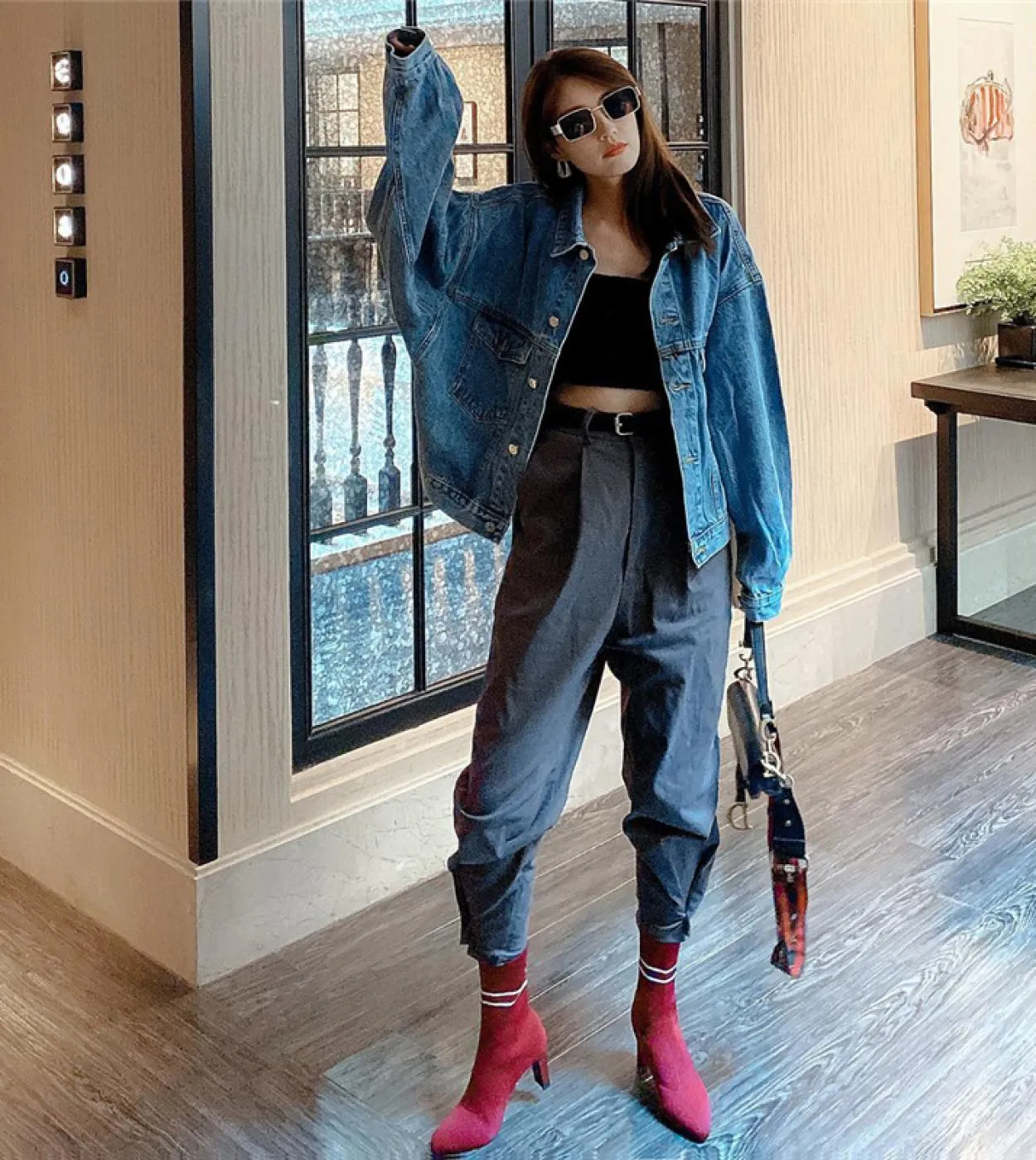 2023 Women's Fetish Stripper Boots - Stretchy Lady Knitted Winter Low 75cm High Heel Slip-On Red Jeans Boots