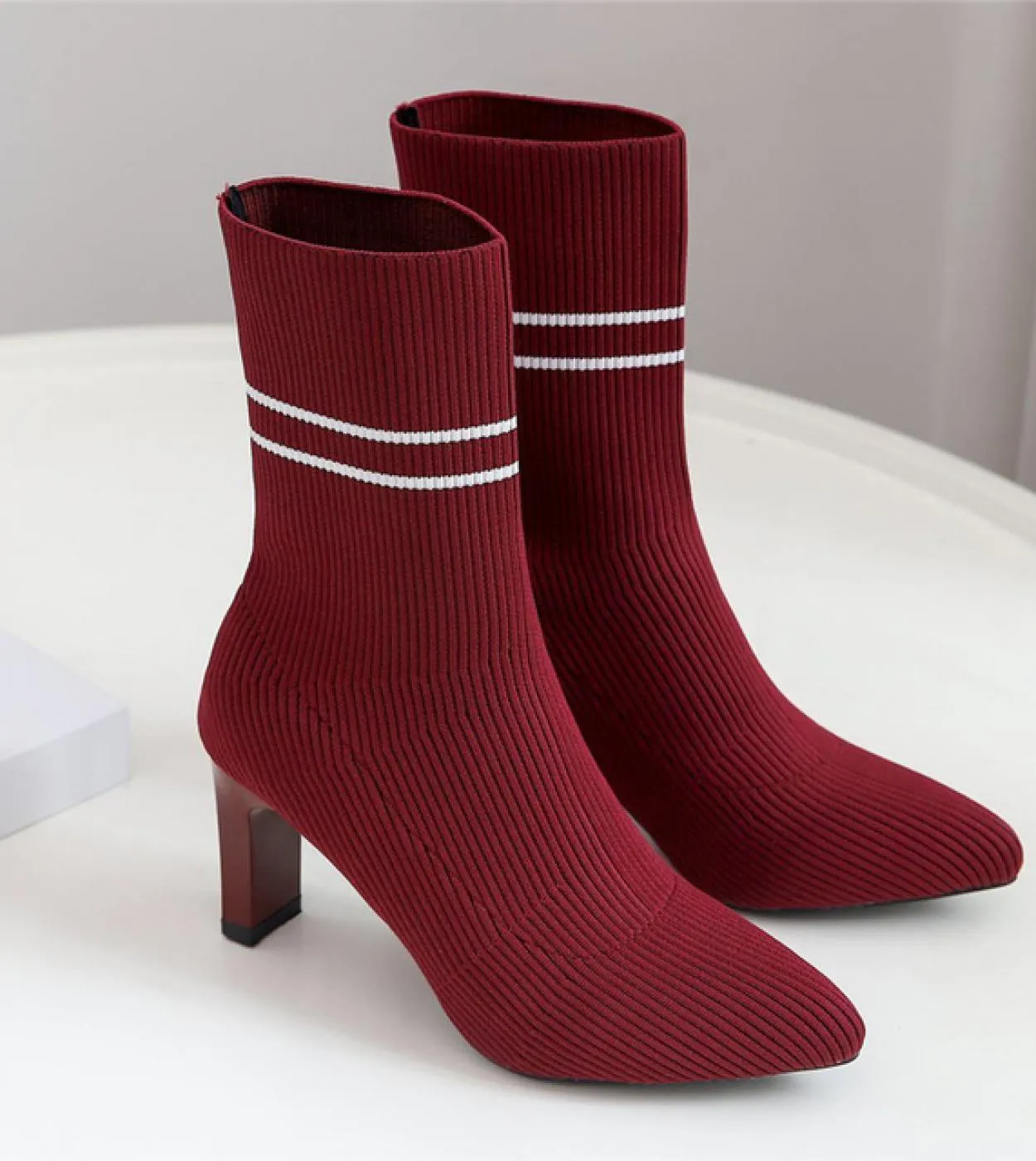 2023 Women's Fetish Stripper Boots - Stretchy Lady Knitted Winter Low 75cm High Heel Slip-On Red Jeans Boots