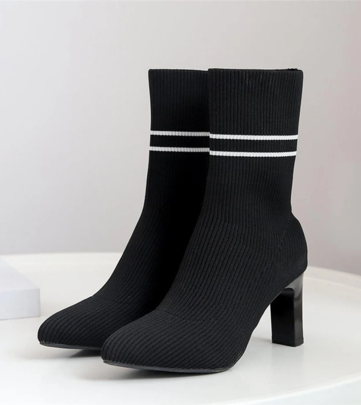 2023 Women's Fetish Stripper Boots - Stretchy Lady Knitted Winter Low 75cm High Heel Slip-On Red Jeans Boots