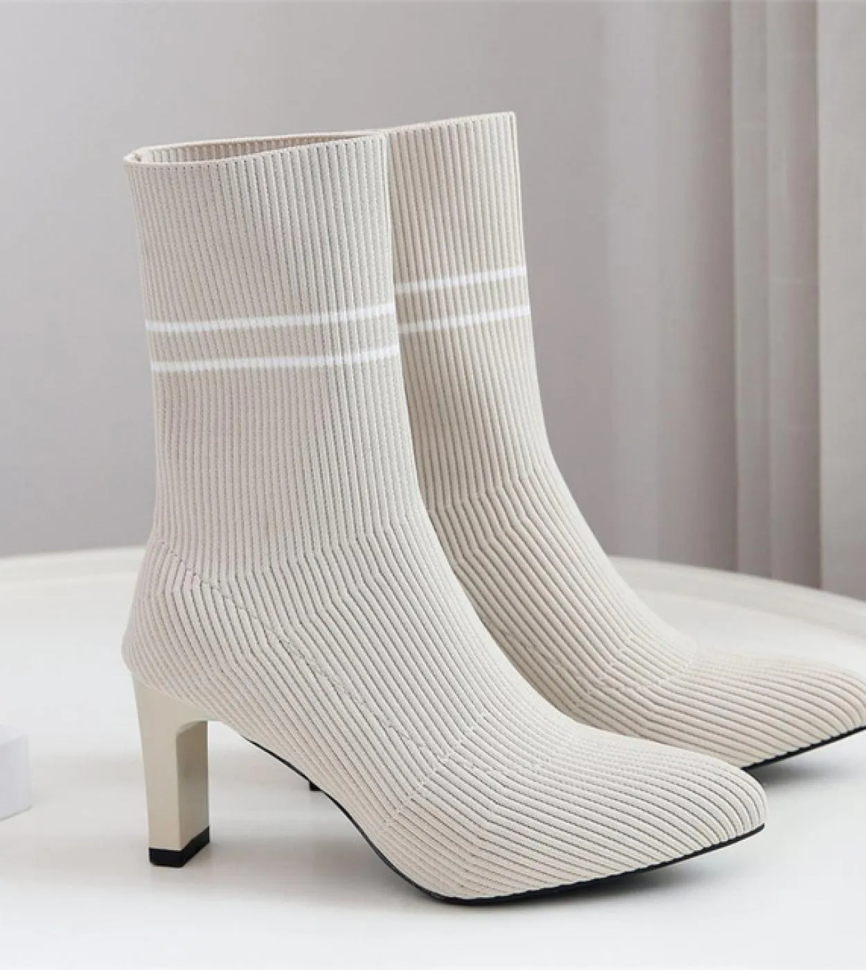 2023 Women's Fetish Stripper Boots - Stretchy Lady Knitted Winter Low 75cm High Heel Slip-On Red Jeans Boots