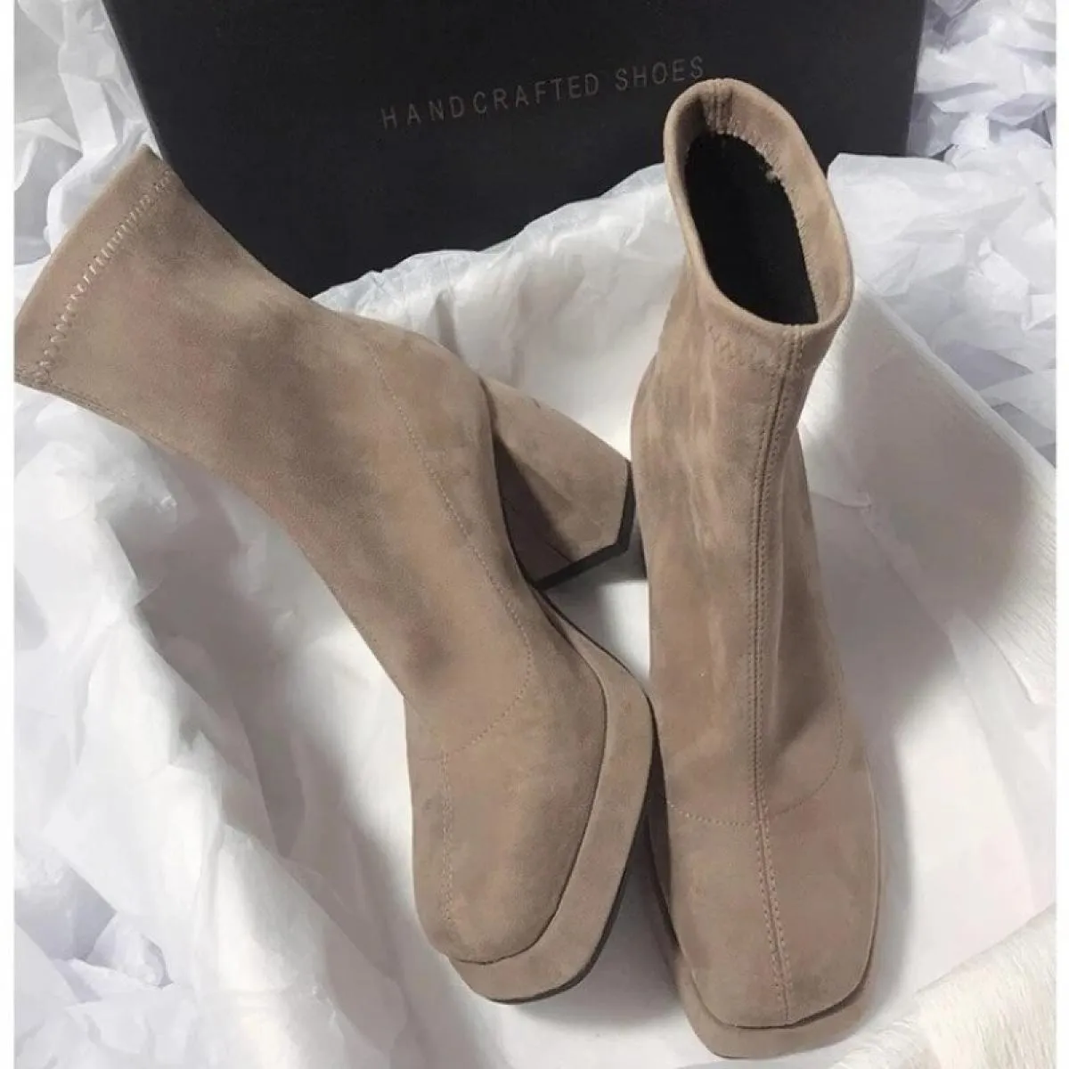 2024 Women's fashion square toe ankle boots - High heel stylish women's winter boots - Solid color women's shoes - Bota