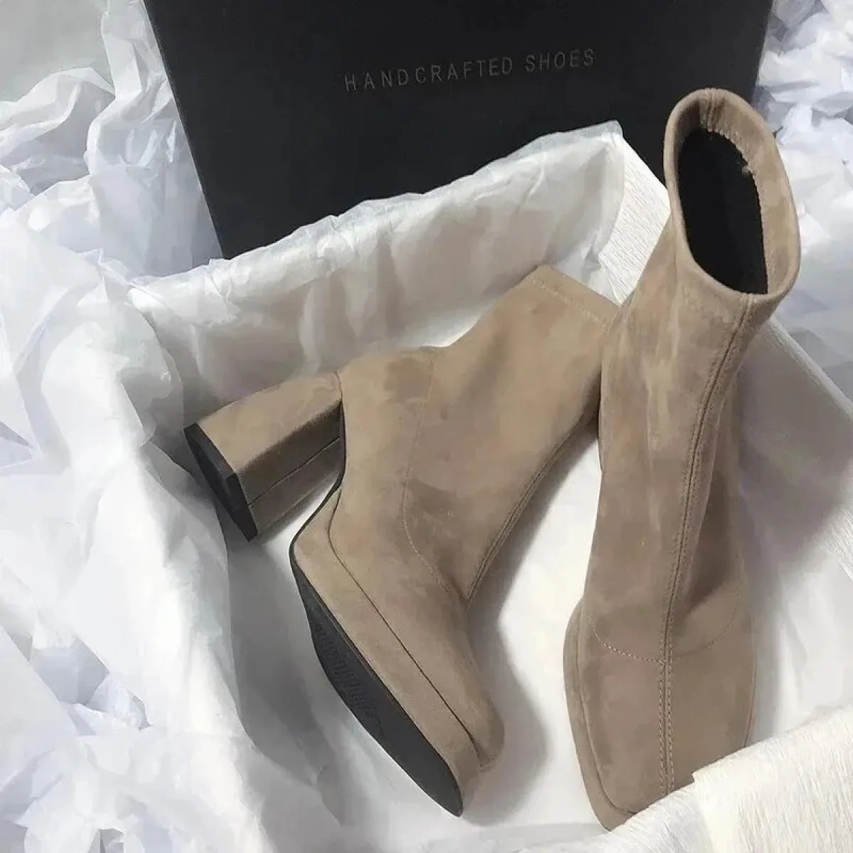 2024 Women's fashion square toe ankle boots - High heel stylish women's winter boots - Solid color women's shoes - Bota