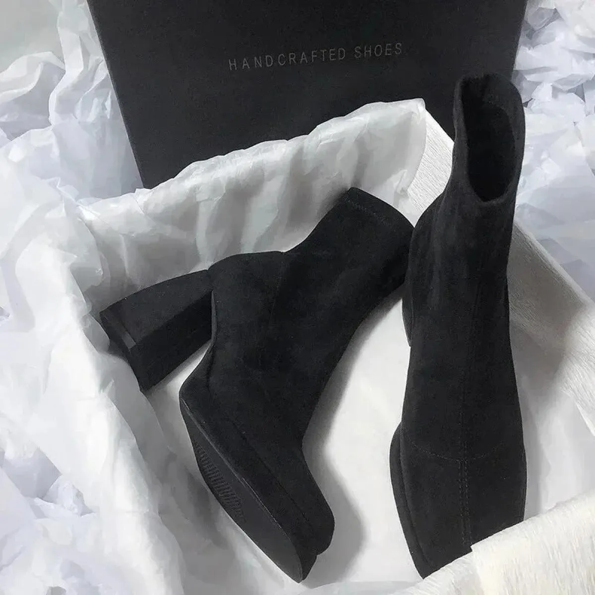 2024 Women's fashion square toe ankle boots - High heel stylish women's winter boots - Solid color women's shoes - Bota