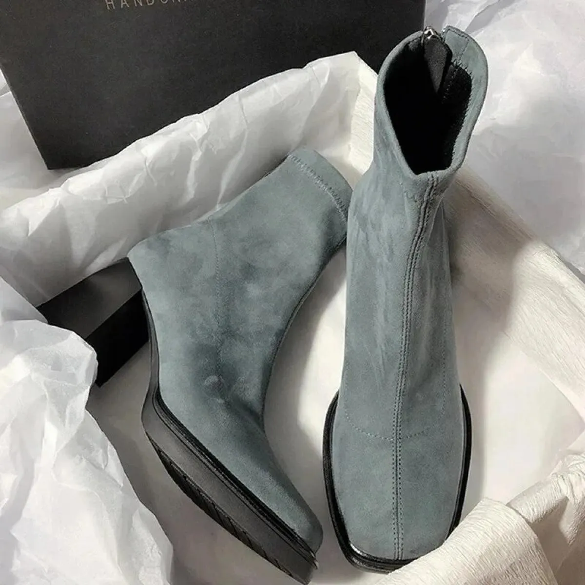 2024 Women's fashion square toe ankle boots - High heel stylish women's winter boots - Solid color women's shoes - Bota