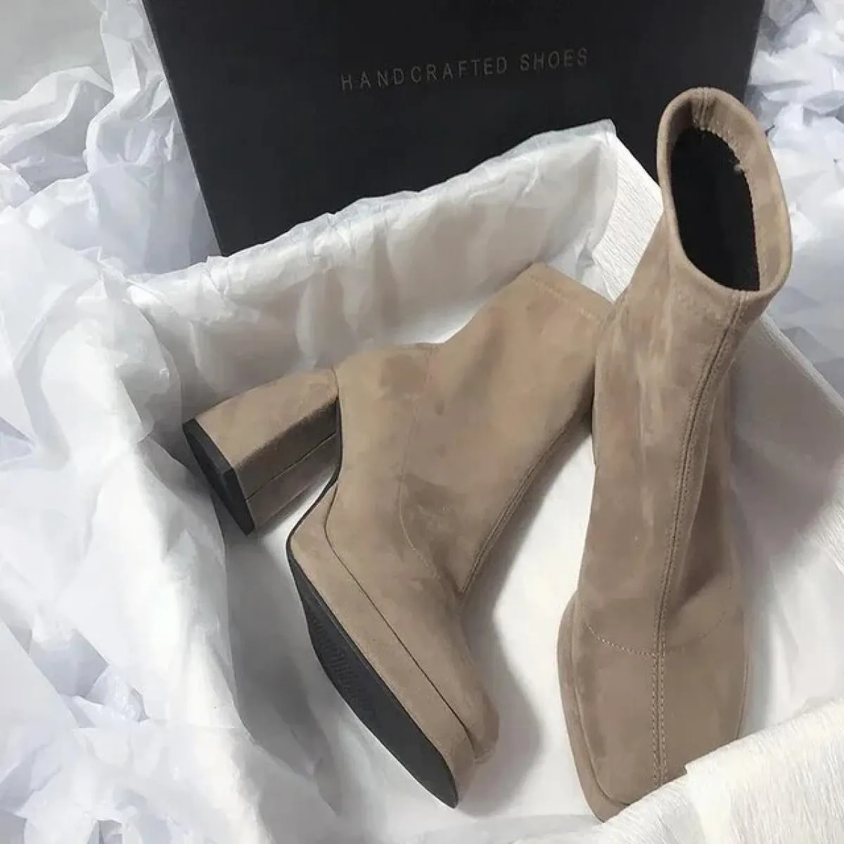 2024 Women's fashion square toe ankle boots - High heel stylish women's winter boots - Solid color women's shoes - Bota