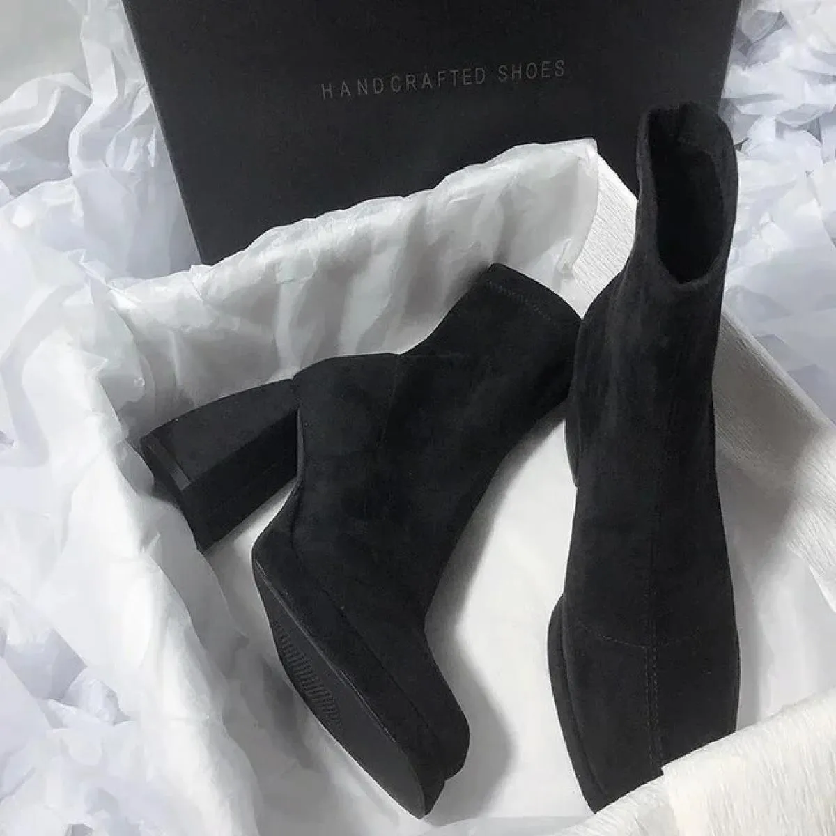 2024 Women's fashion square toe ankle boots - High heel stylish women's winter boots - Solid color women's shoes - Bota