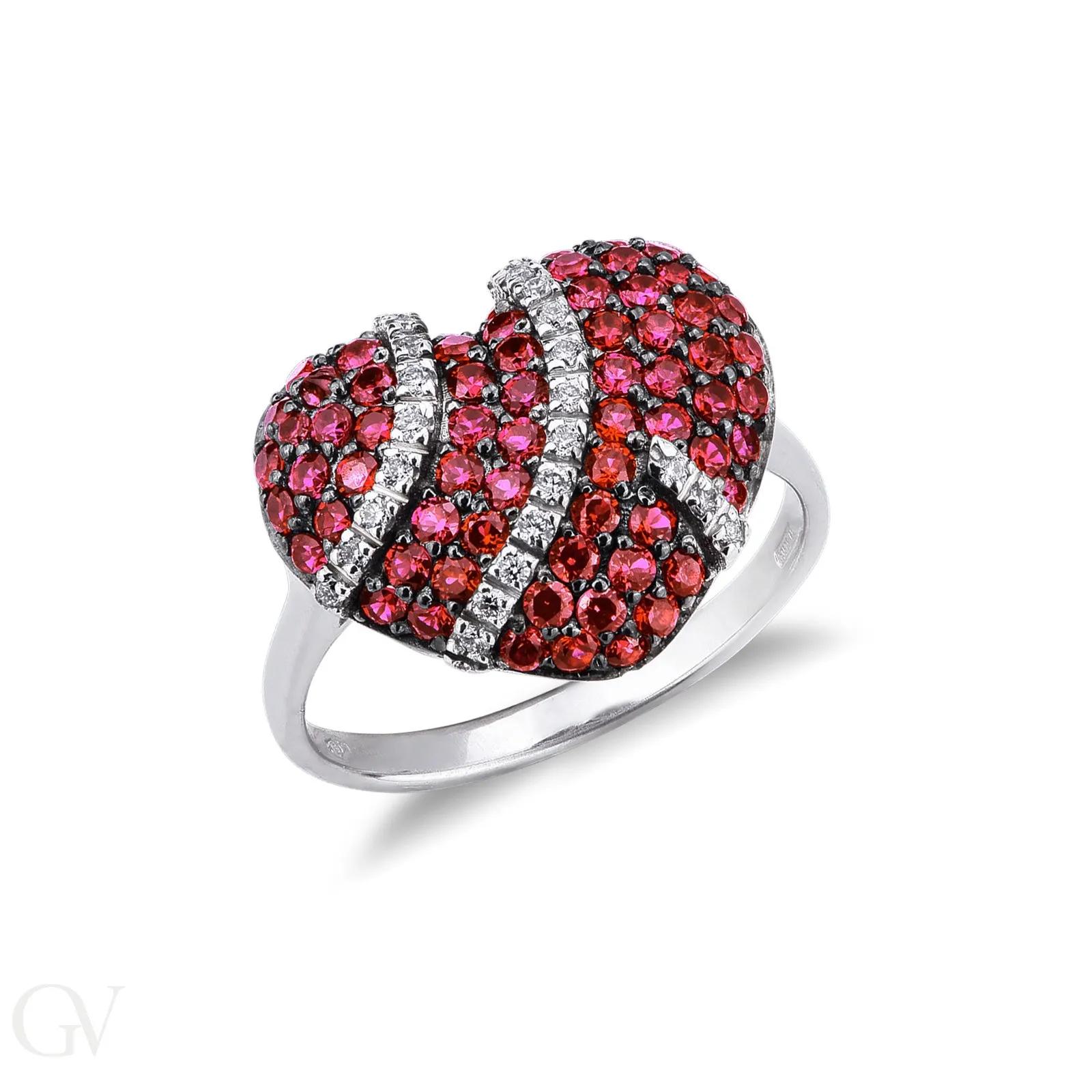Anello in oro bianco 18k con Cuore in Pavé di rubini e diamanti