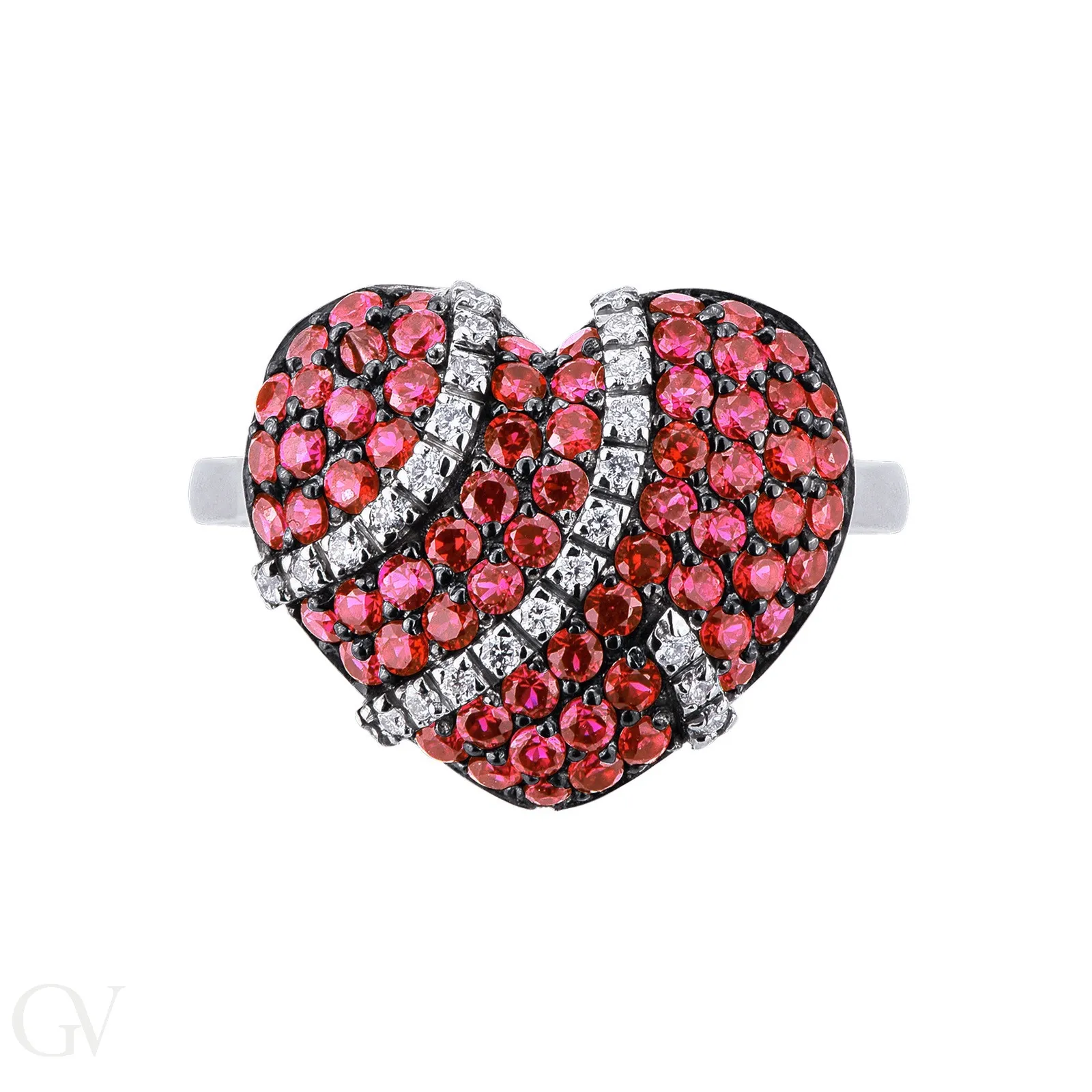 Anello in oro bianco 18k con Cuore in Pavé di rubini e diamanti
