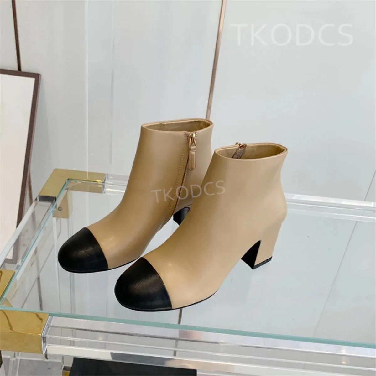 Autumn Winter New Genuine Leather Boots with Chunky Heels Patchwork Boots with Zipper Brand Designer