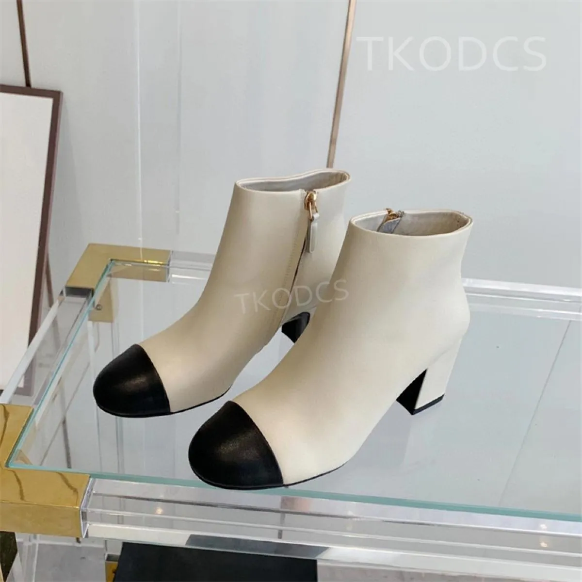 Autumn Winter New Genuine Leather Boots with Chunky Heels Patchwork Boots with Zipper Brand Designer