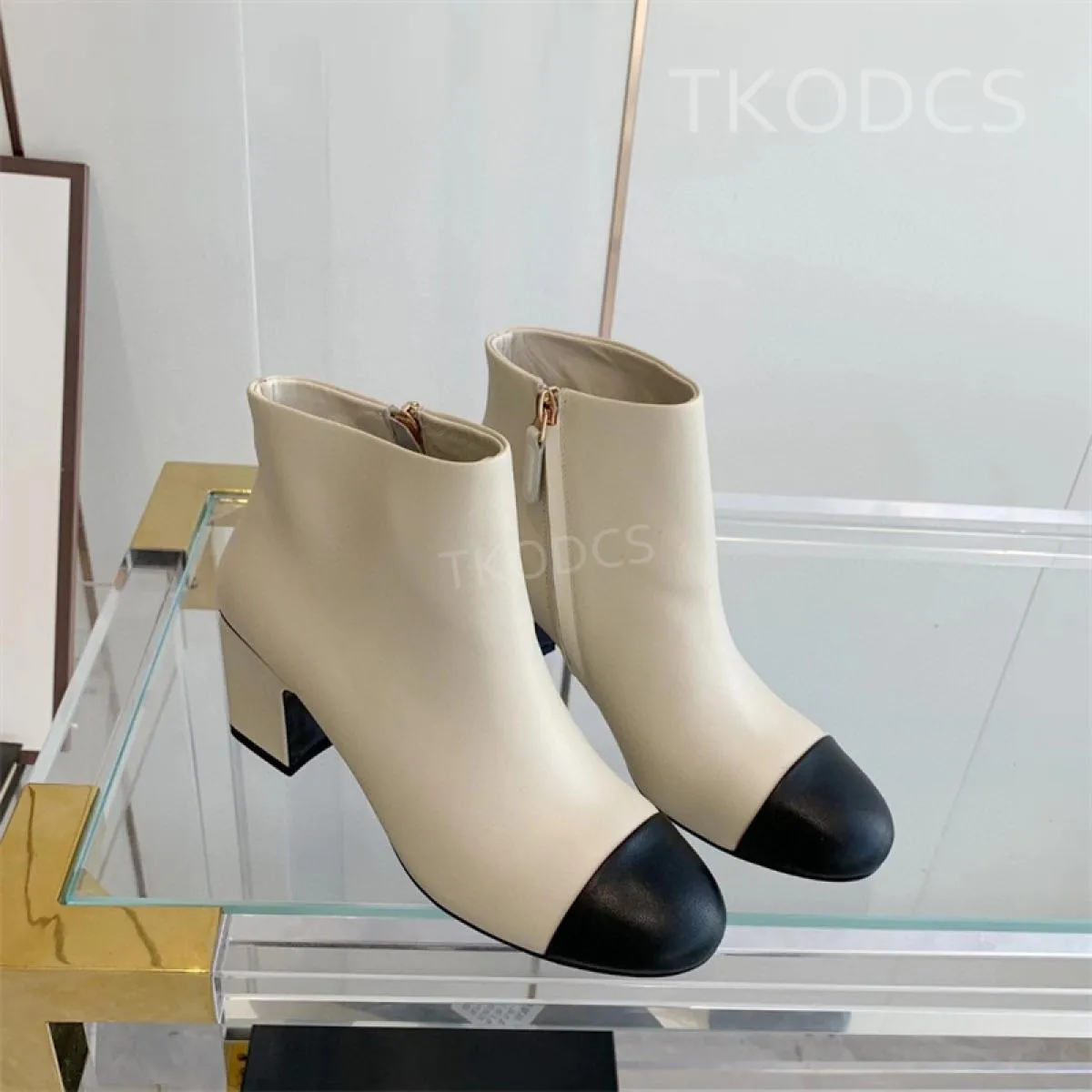 Autumn Winter New Genuine Leather Boots with Chunky Heels Patchwork Boots with Zipper Brand Designer