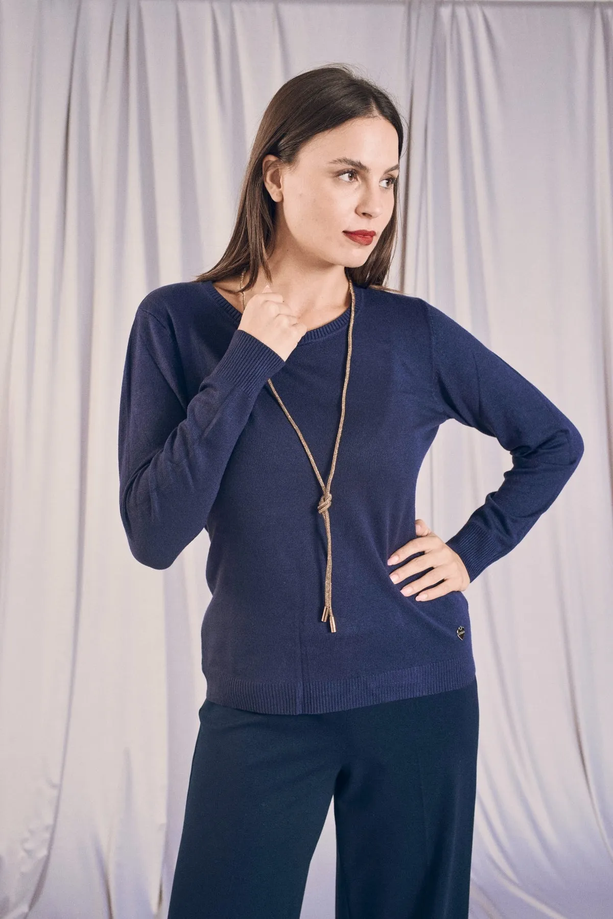 Basic Crewneck Sweater with Long Sleeves BLUE