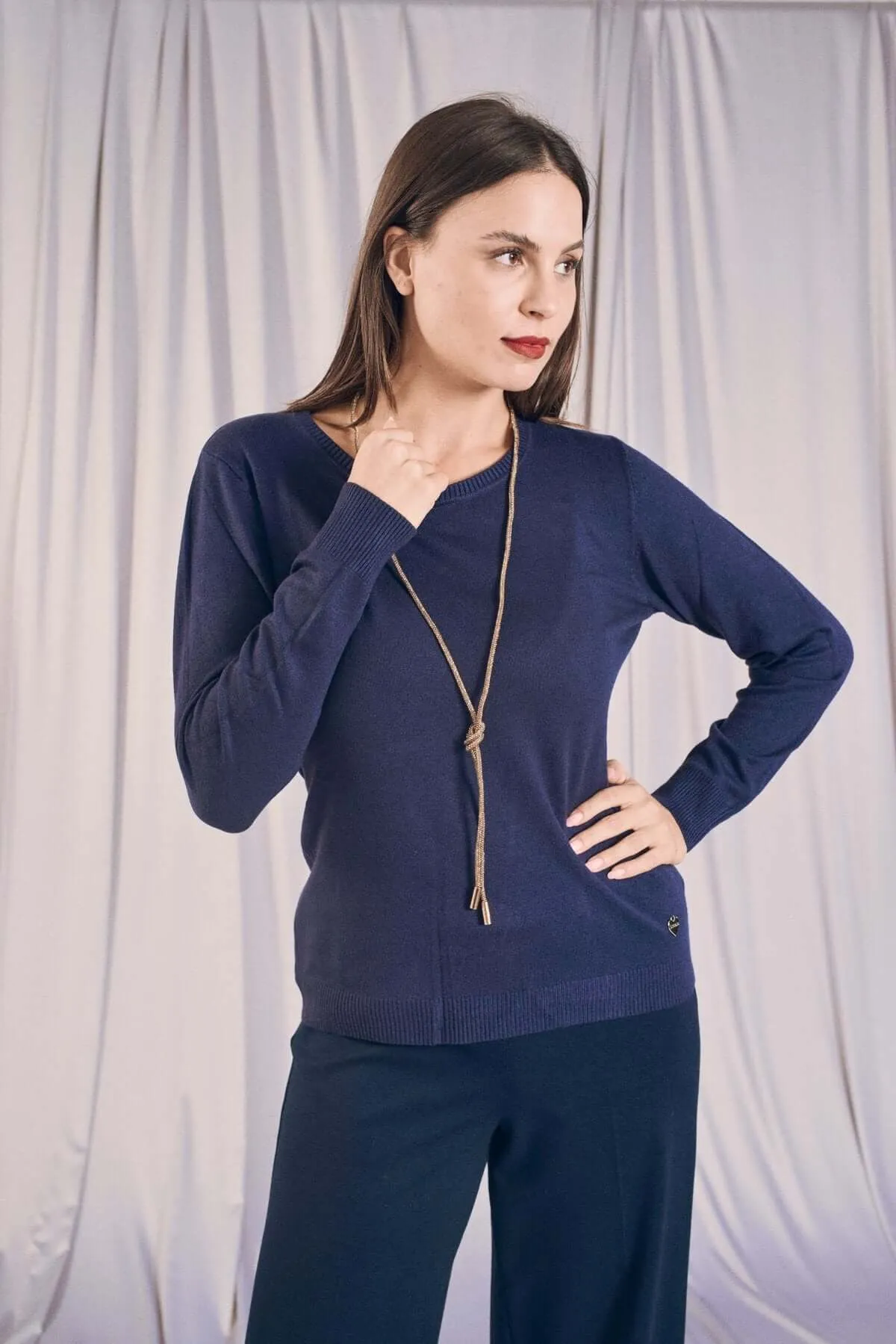 Basic Crewneck Sweater with Long Sleeves BLUE