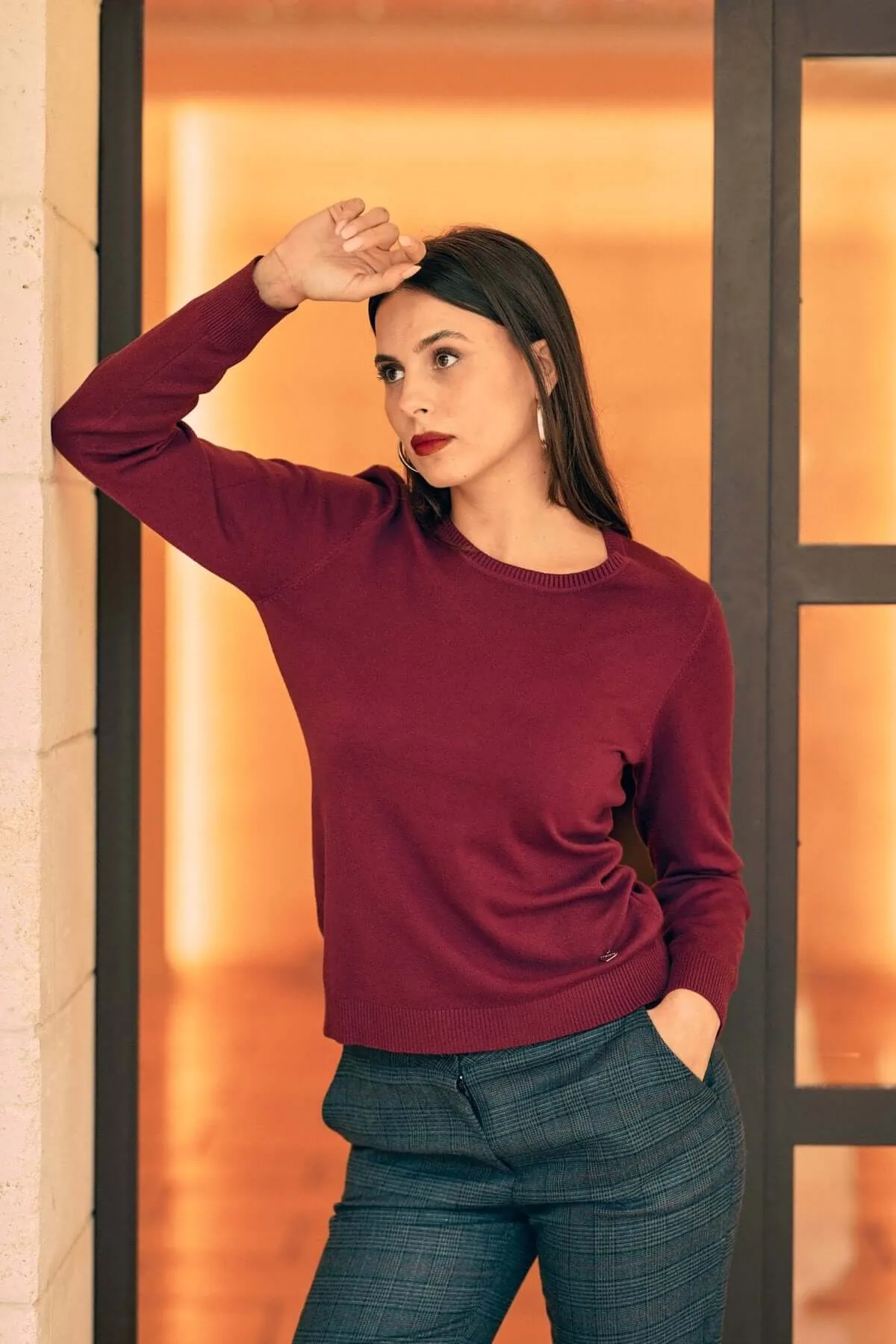 Basic Crewneck Sweater with Long Sleeves BURGUNDY