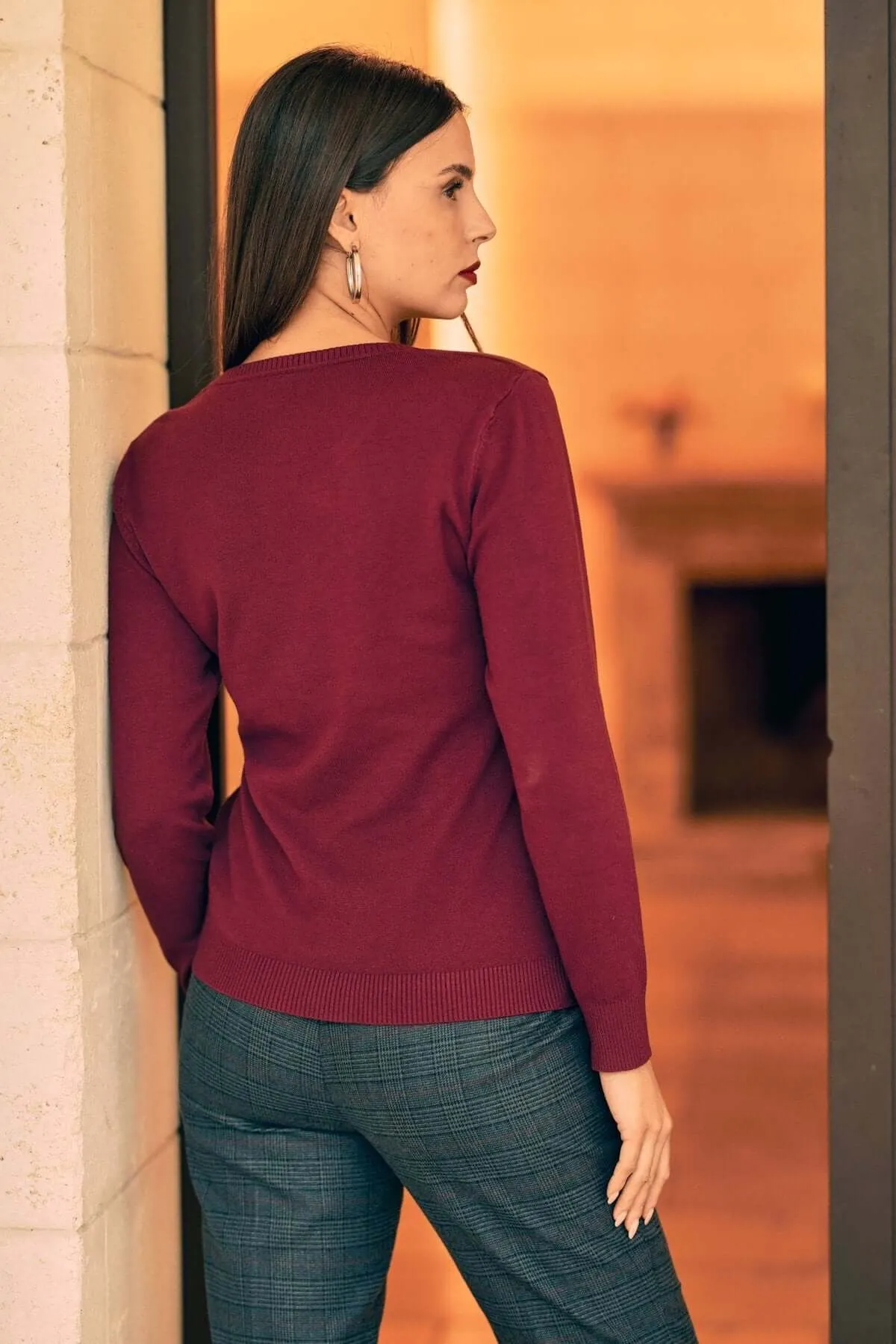 Basic Crewneck Sweater with Long Sleeves BURGUNDY