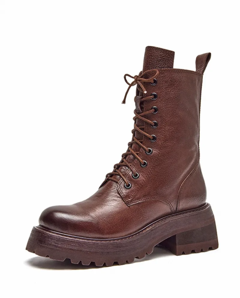 Beautoday Women's Horse Leather Cross Strap Round Toe Zipper Retro Women's Motorcycle Boots, Made to Measure.