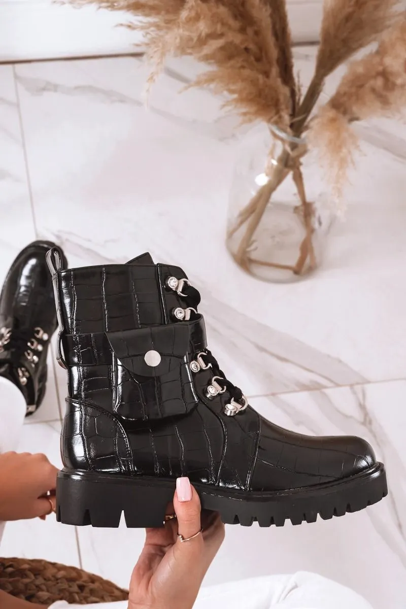 black crocodile print ankle boots with pocket