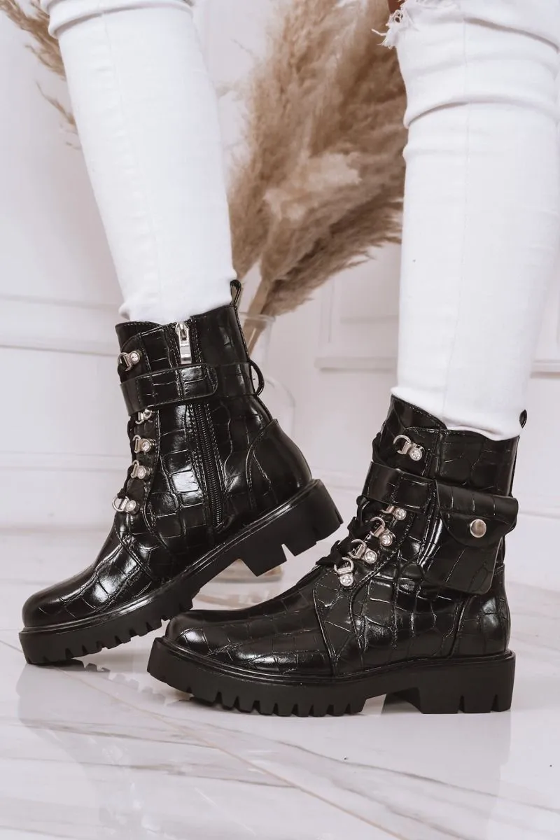black crocodile print ankle boots with pocket
