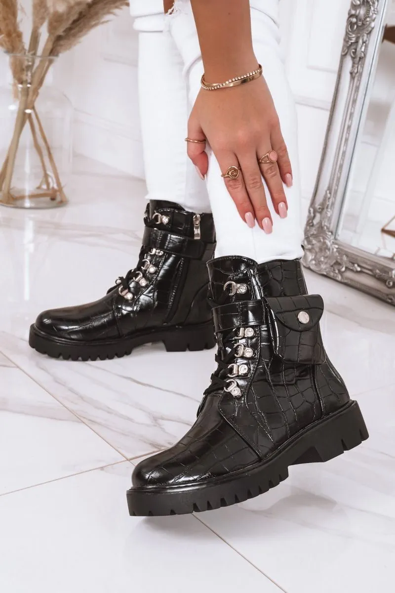 black crocodile print ankle boots with pocket