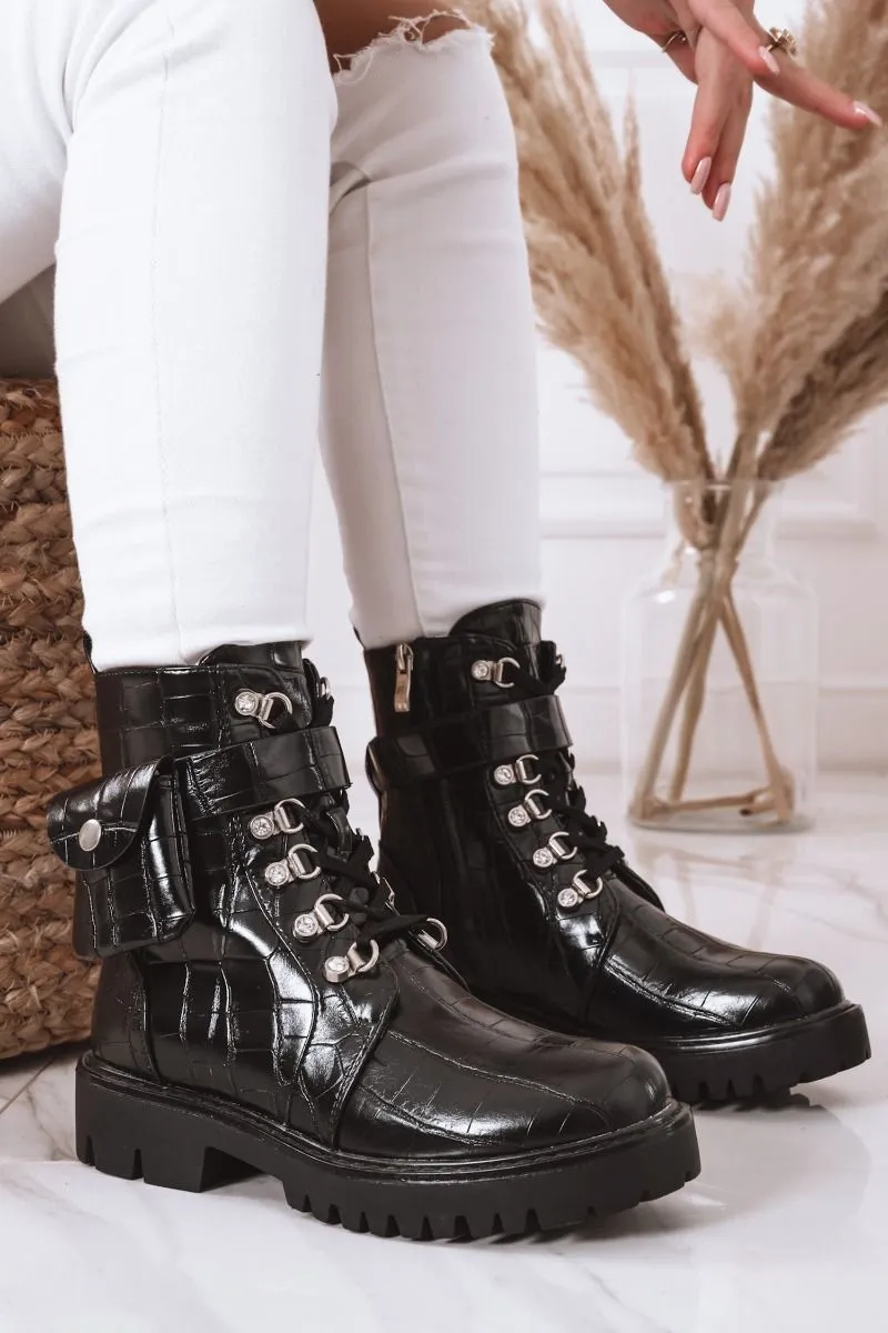 black crocodile print ankle boots with pocket