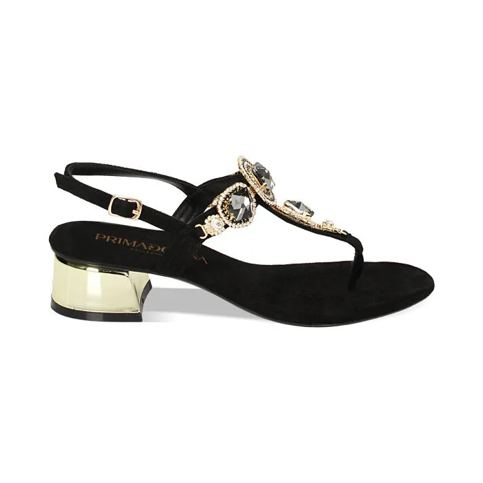 Black microfiber sandals with stones