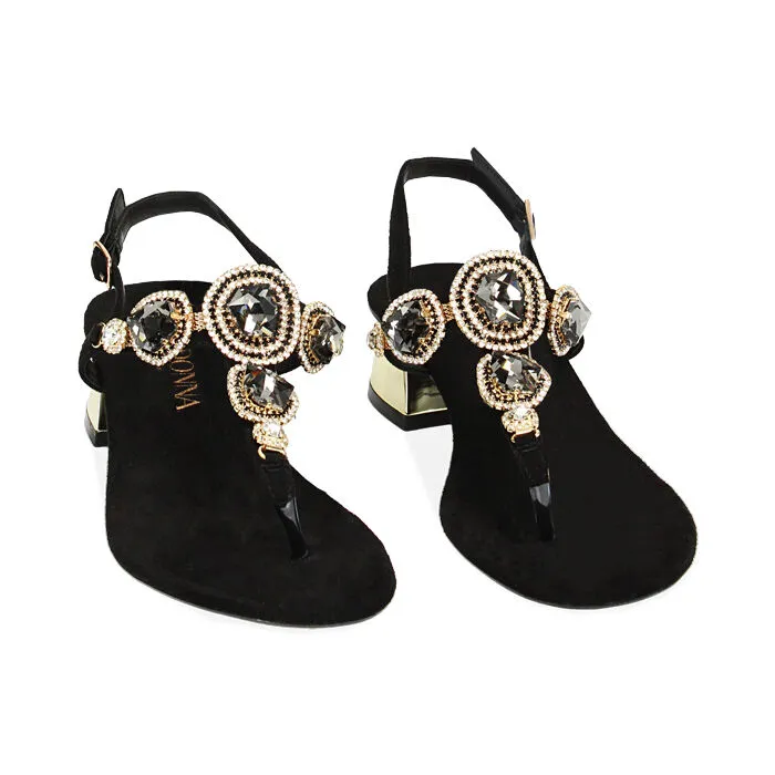 Black microfiber sandals with stones
