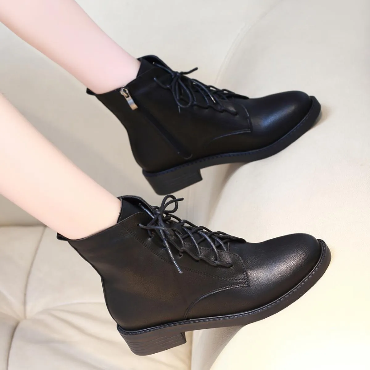 Black natural leather women's ankle boots streetwear Botas De Mujer Femmes Bottes Botine.