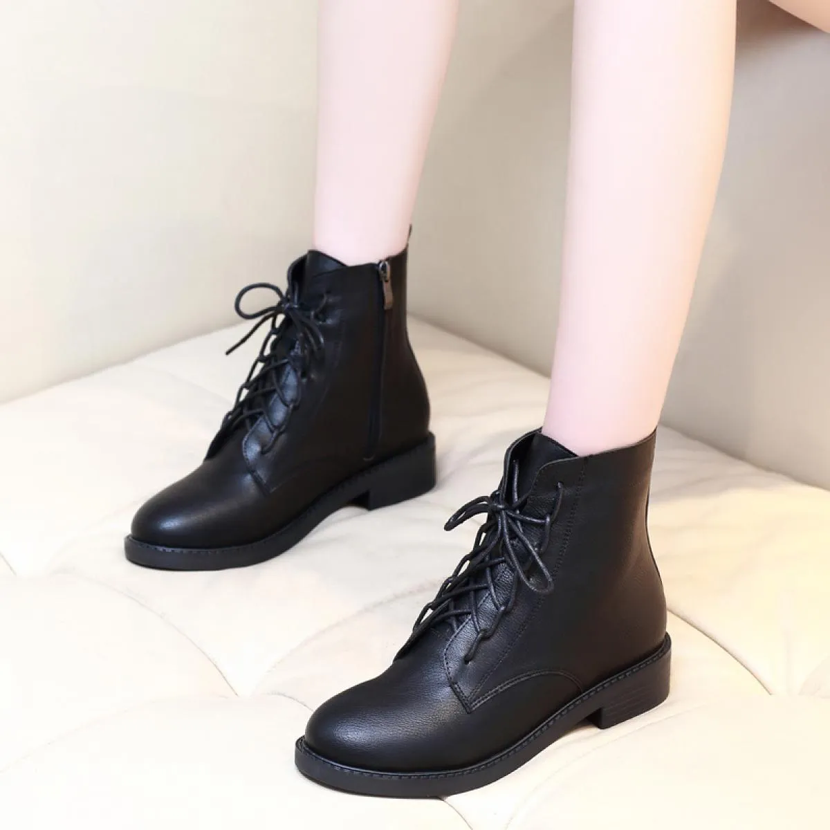 Black natural leather women's ankle boots streetwear Botas De Mujer Femmes Bottes Botine.