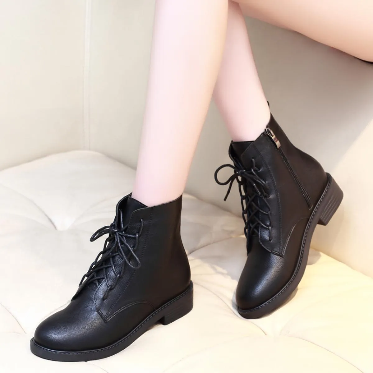 Black natural leather women's ankle boots streetwear Botas De Mujer Femmes Bottes Botine.