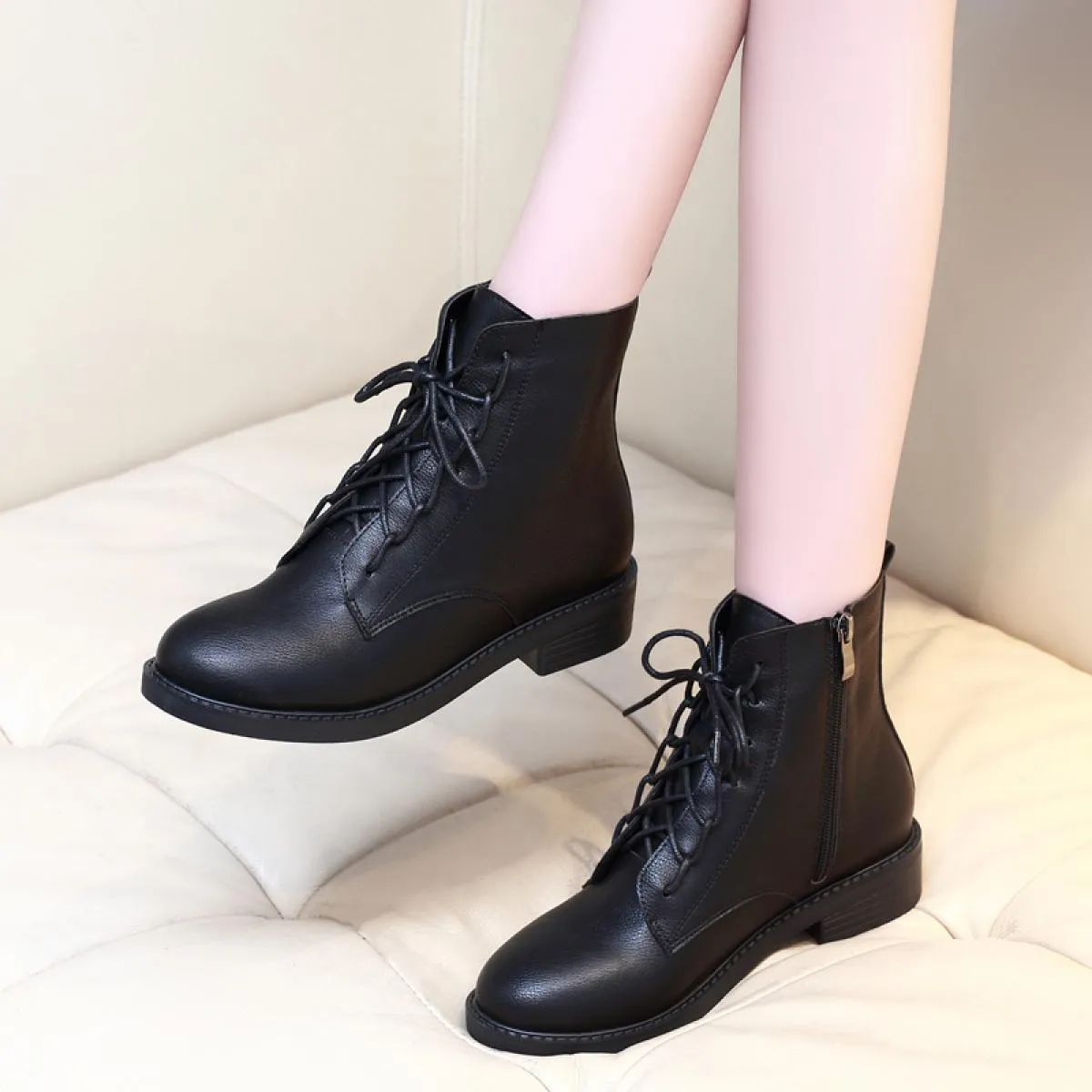 Black natural leather women's ankle boots streetwear Botas De Mujer Femmes Bottes Botine.
