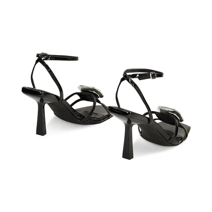 Black patent sandals, 8.5 cm heel.