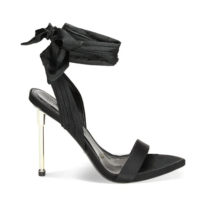 Black satin sandals, 11 cm heels.