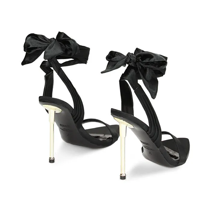 Black satin sandals, 11 cm heels.