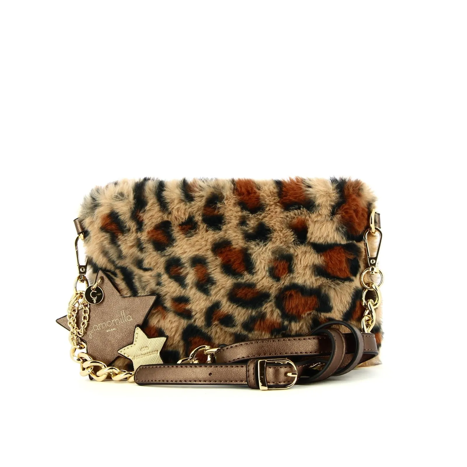 brown animal print plush shoulder bag