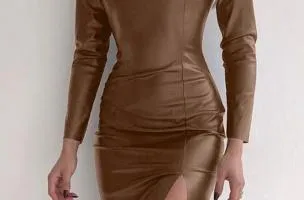 Brown faux leather elegant mini dress with Urania opening.