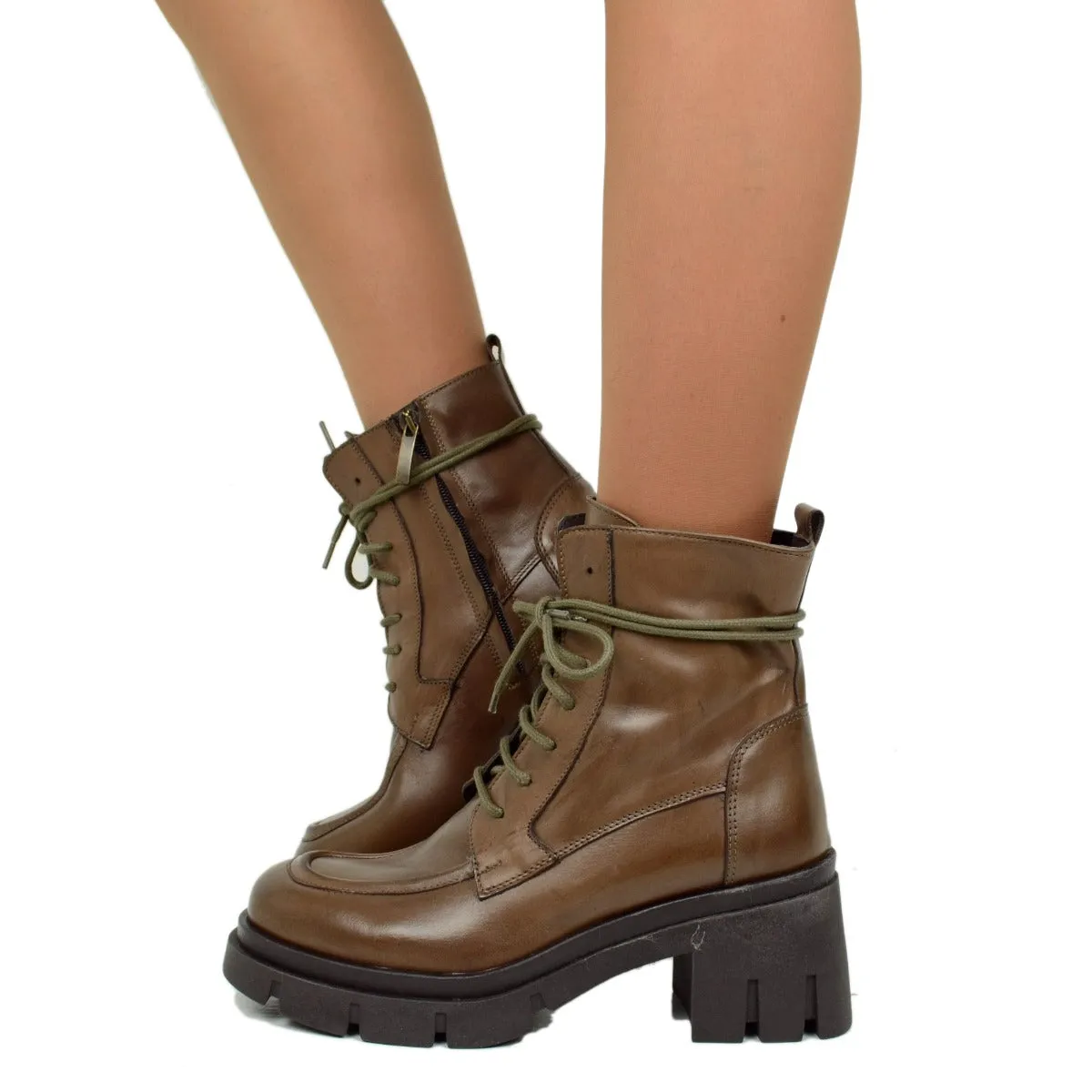 Brown Leather Women's Italian Made Brogue Shoes with Stitching