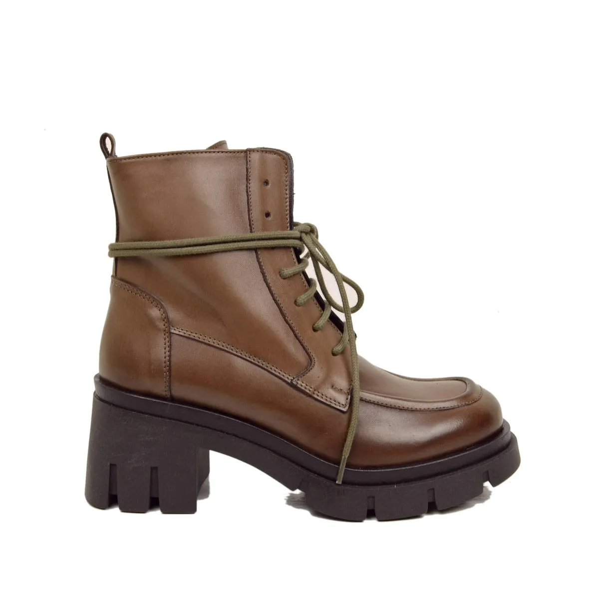 Brown Leather Women's Italian Made Brogue Shoes with Stitching