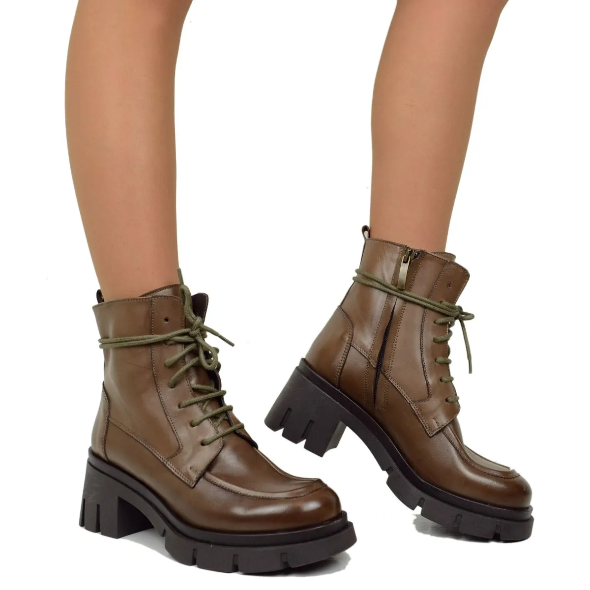 Brown Leather Women's Italian Made Brogue Shoes with Stitching