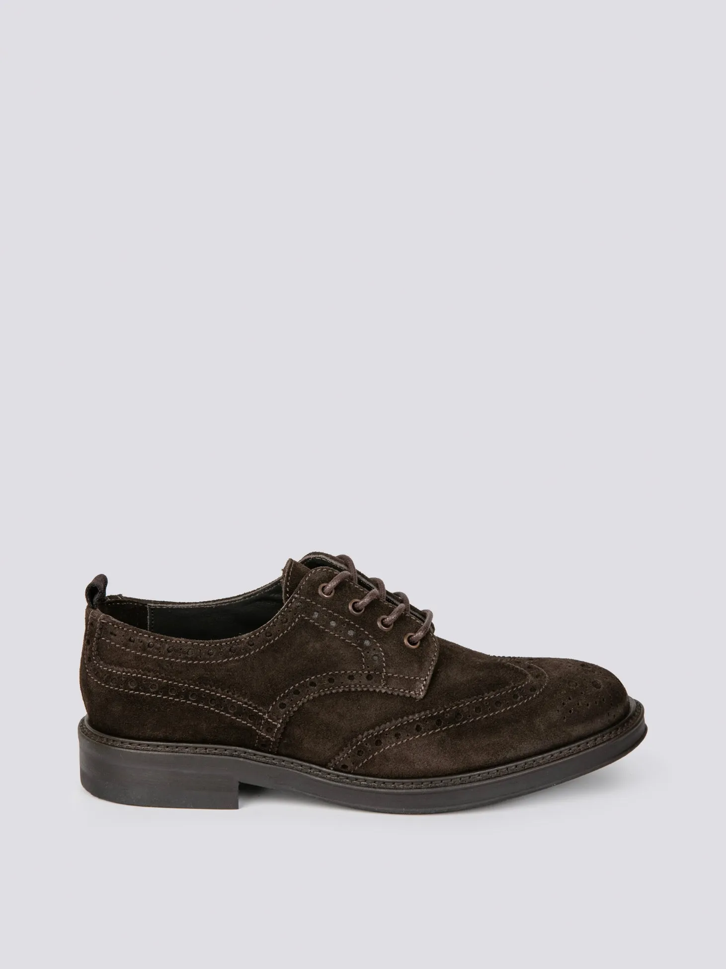 Brown suede oxford shoes with brogue detailing.