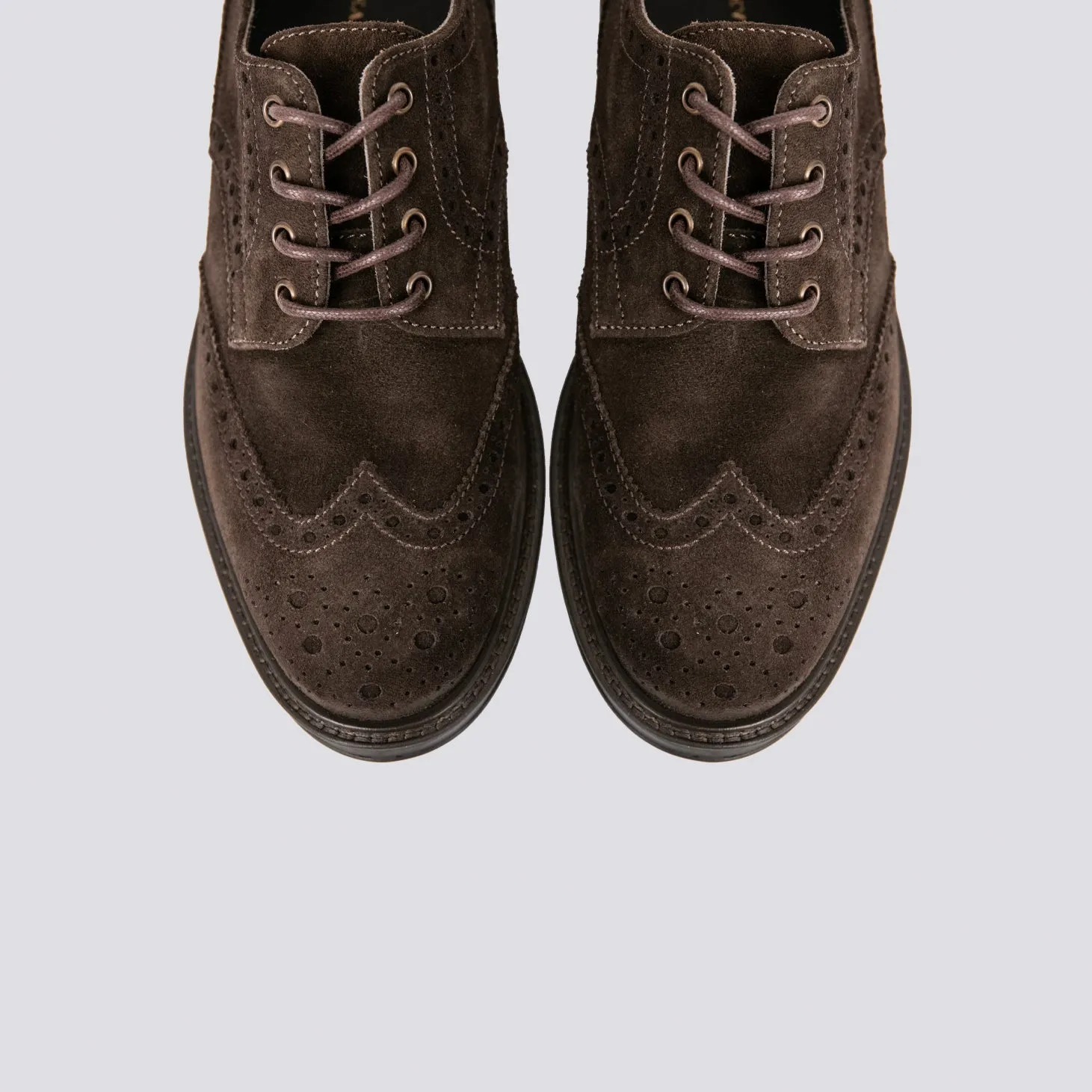 Brown suede oxford shoes with brogue detailing.