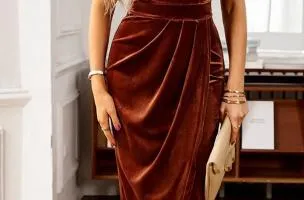 Brown velvet midi dress
