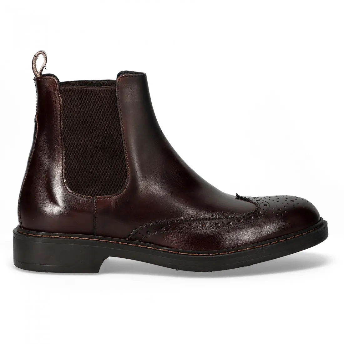 Dark brown leather Sangiorgio ankle boot with elastic.
