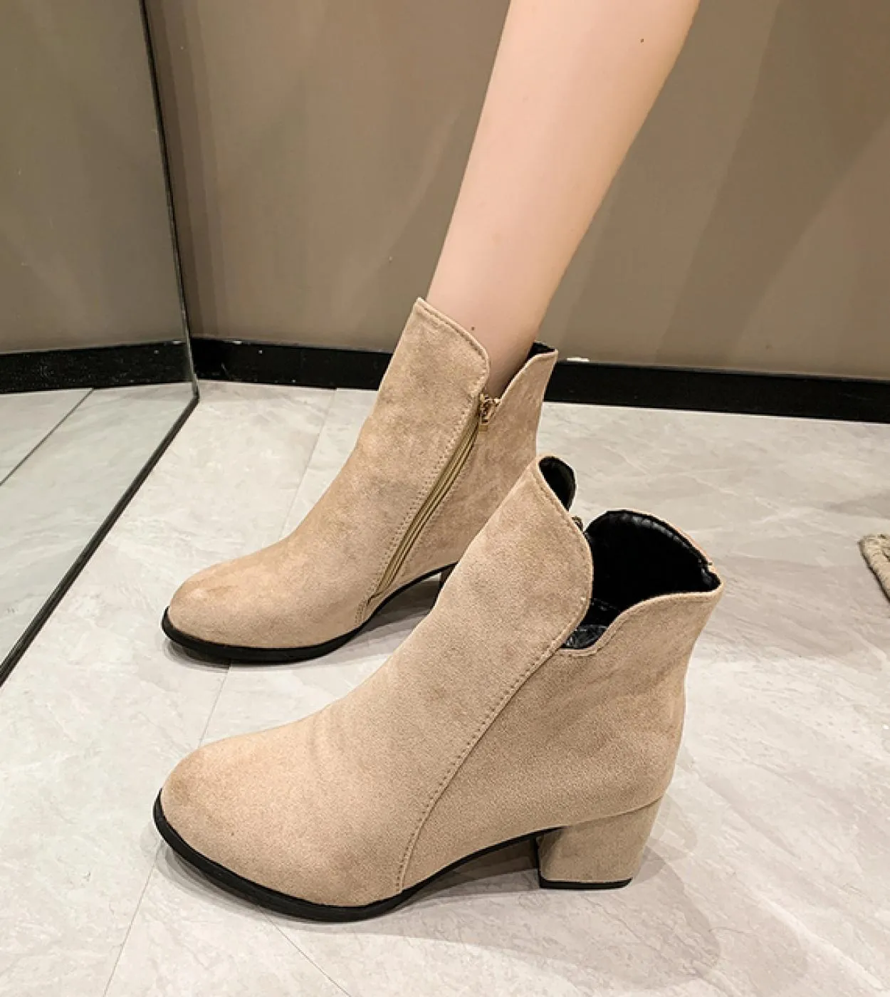 Donna Autumn Winter Flock Slip On Round Toe Square Heel Solid Casual Black Camel Boots Size 35-43