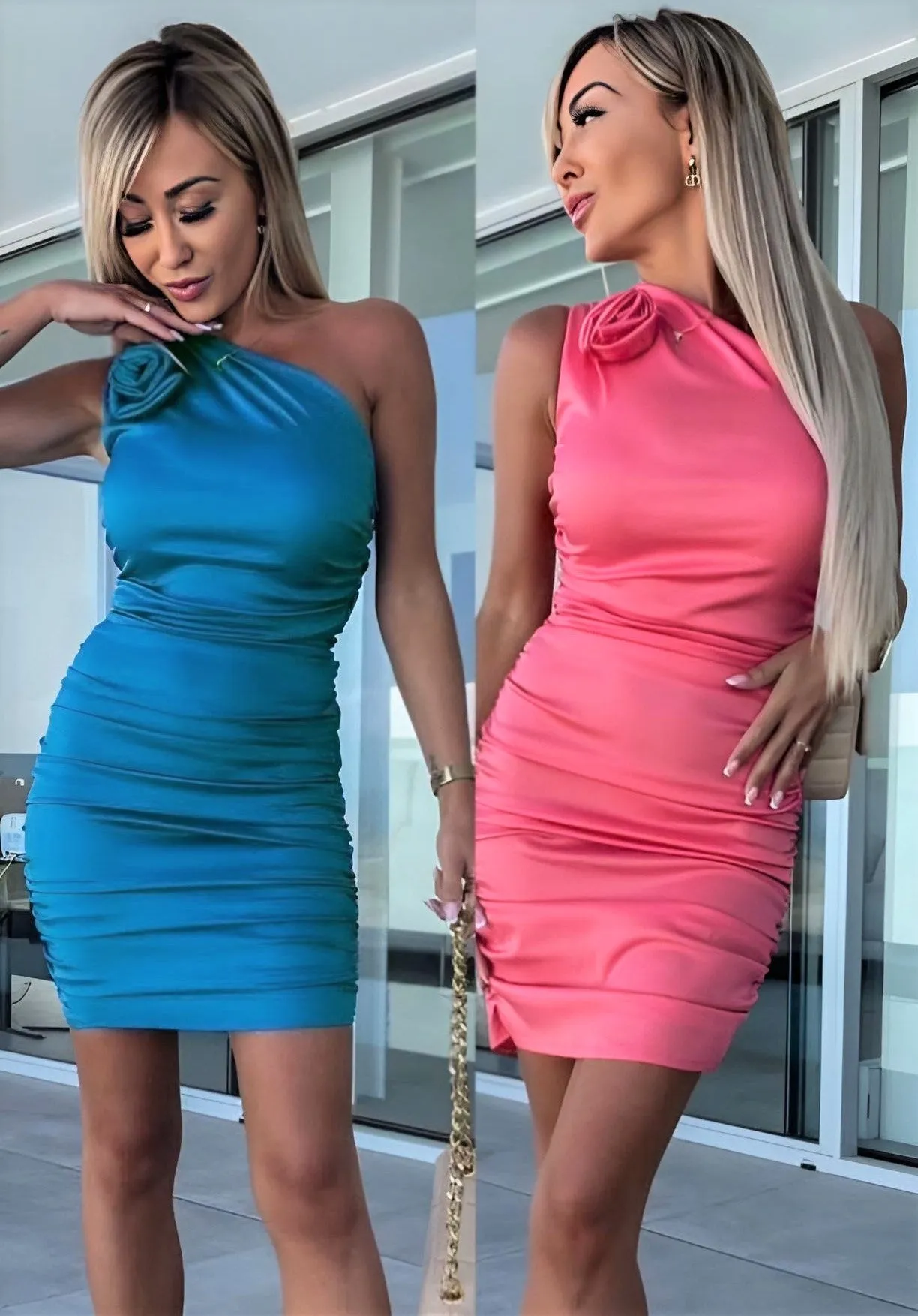Dress Women Sheath One-Shoulder Draped Fitted Floral Casual Elegant