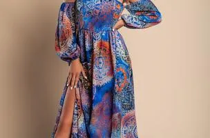 Elegant maxi dress with Montella print, blue.